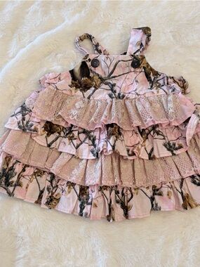 Pink Tea Stained Lace & Ruffle Woodland Camo Print Dress Sz 3-6mo ABB